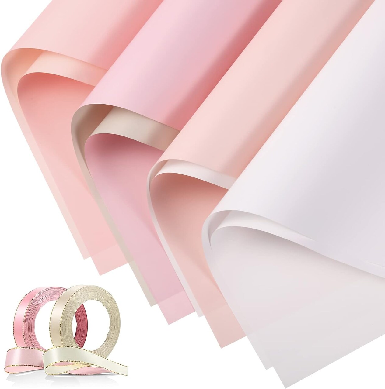 36 Sheets Double Sided Flower Wrapping Paper Floral Bouquet Paper Waterproof Florist Packaging Paper with Satin Ribbon and Gold Border for Graduation Wedding Mothers Day Party(Pink Series)